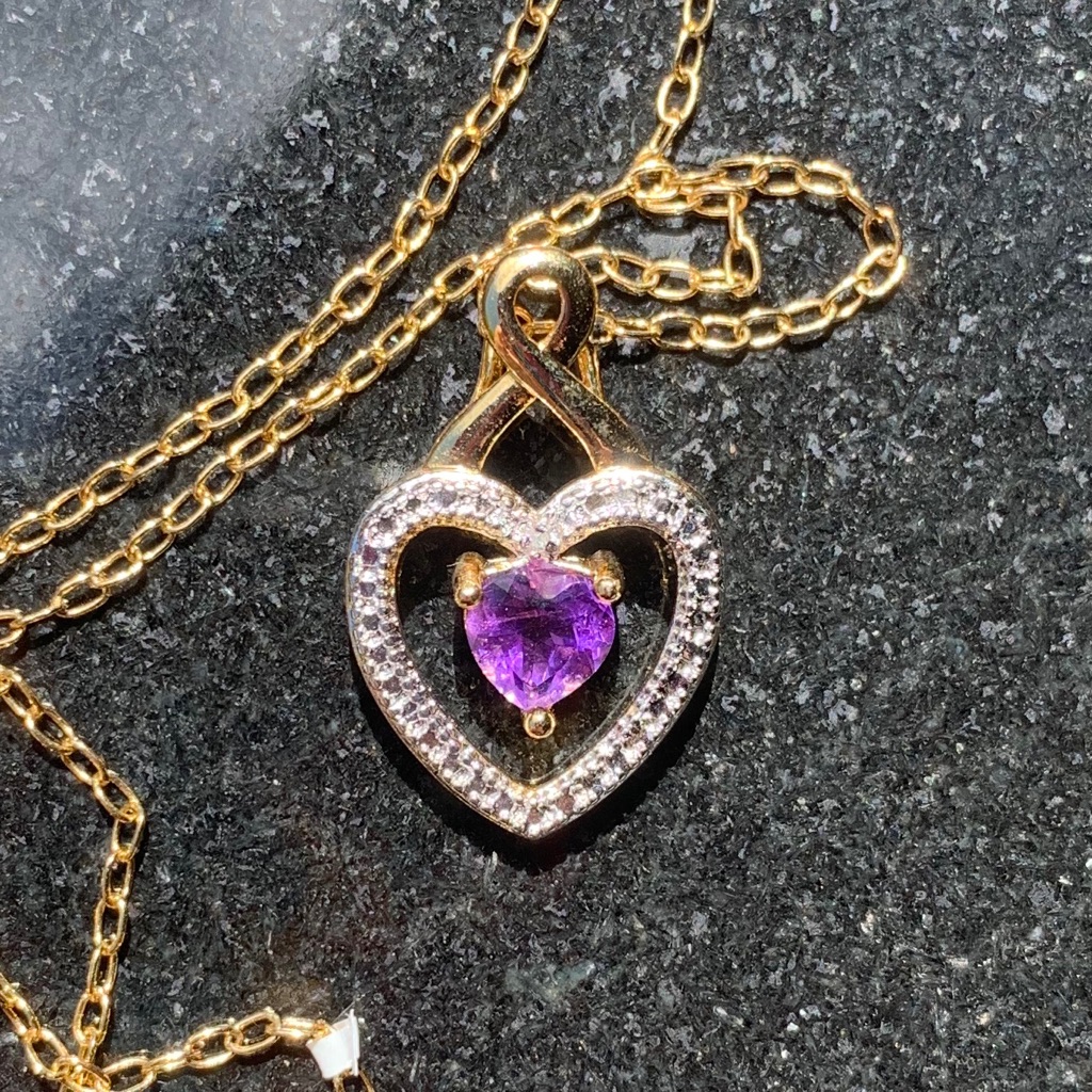 Heart Ribbon Amethyst Cz Jeweled Necklace Gold Plated